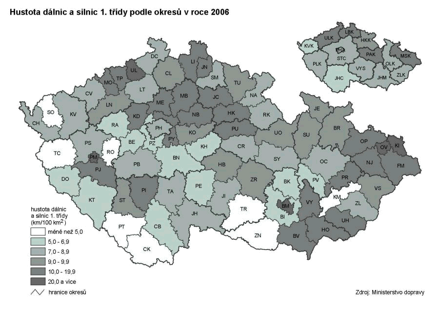 Kartogram 7 Hustota dálnic a silnic 1. třídy podle okresů v roce 2006
